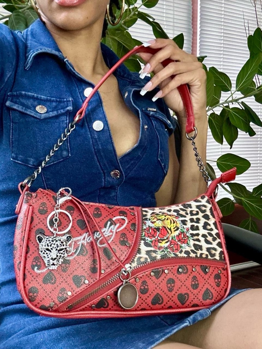 Ed Hardy Red Leopard Tattoo Print Shoulder Bag